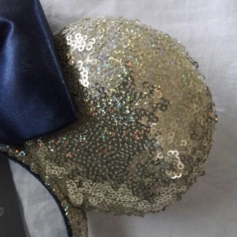Disney World 50th Anniversary Gold Sequin Blue Satin Minnie Bow Ear Headband